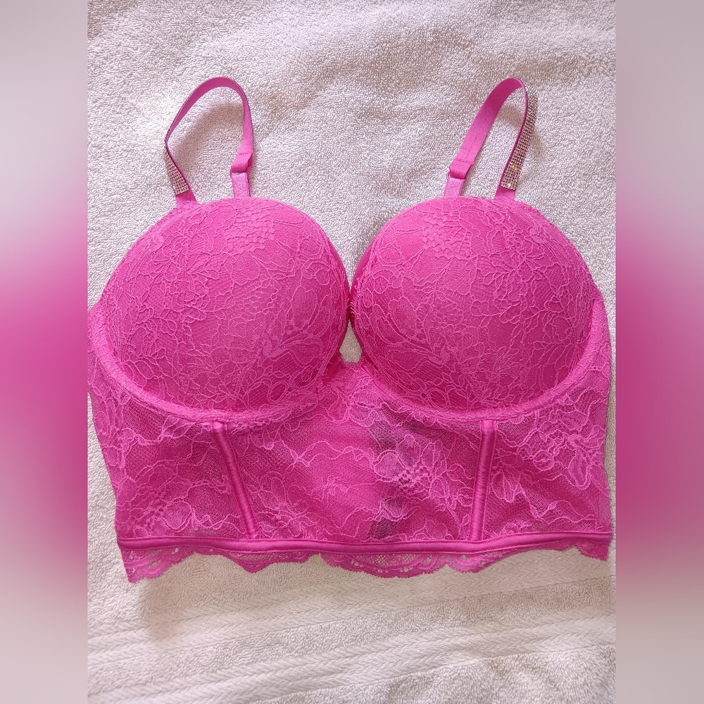 Victoria's Secret Very Sexy Hot Pink Lace Shine Strap Push-Up Corset Top. 36D. - Picture 4 of 13